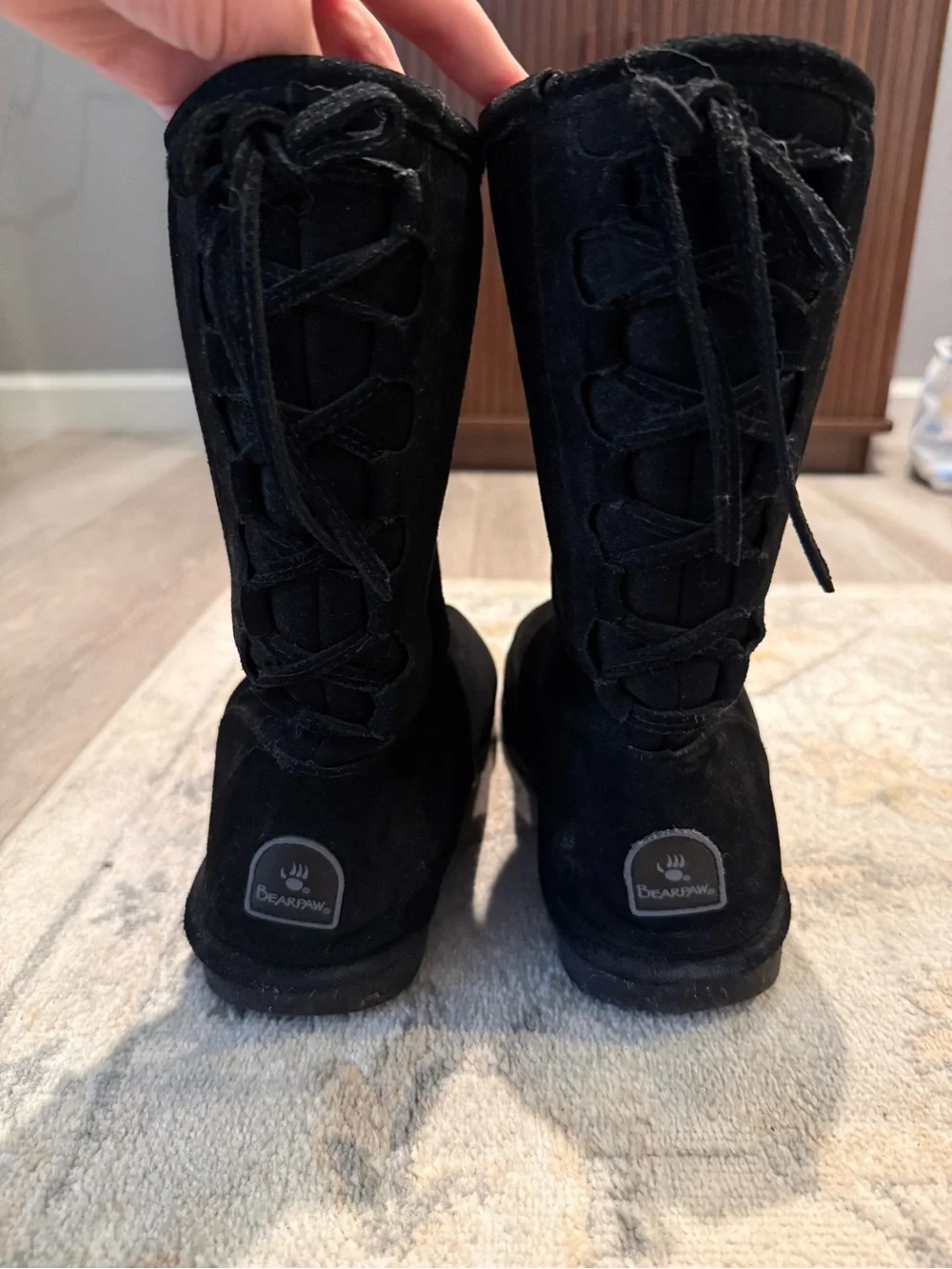 BearPaw Black Suede Lace-Up Tall Women's Boots